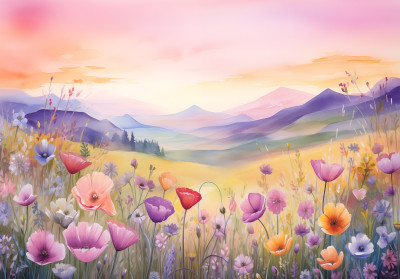Wall mural watercolor meadow wildflowers mountains sunset pastel for kids