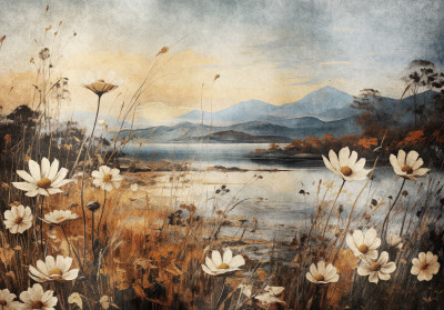 Wall mural painted lake mountains wildflowers vintage watercolor landscape