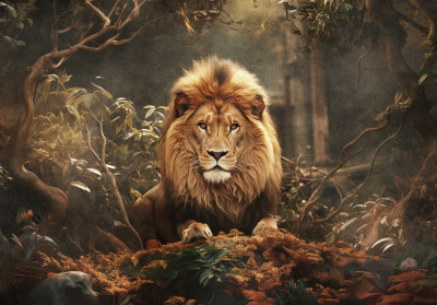 Wall mural majestic lion forest leaves dramatic warm brown living room
