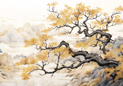 Wall mural japanese ginkgo tree gold leaves mountains oriental art