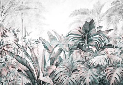 Wall mural tropical jungle monstera banana grey pink elegant botanical
