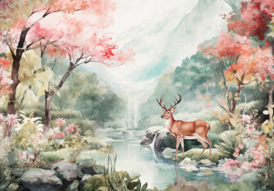Wall mural watercolor deer forest pink trees waterfall for kids room