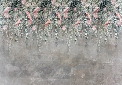 Wall mural pink cockatoo eucalyptus protea concrete loft botanical