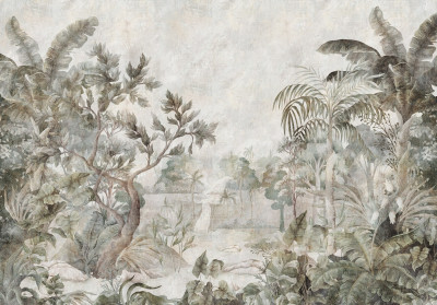 Wall mural exotic jungle waterfall banana palms vintage green landscape