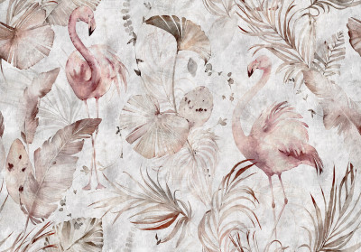Wall mural flamingos tropical leaves vintage pink beige watercolor