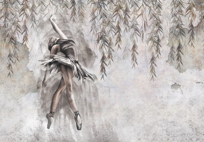Wall mural ballerina willow leaves concrete vintage elegant living room