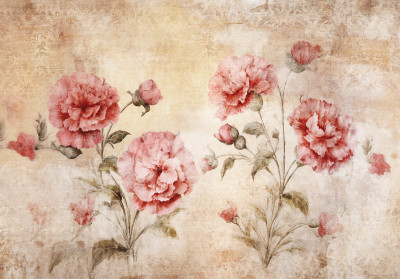 Wall mural vintage carnations pink flowers retro parchment living room