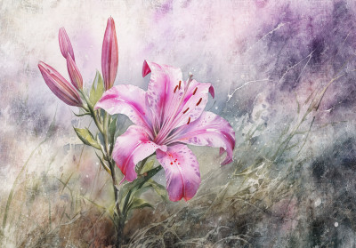 Wall mural watercolor pink lily flower buds purple texture