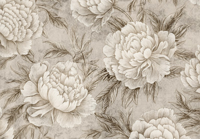 Wall mural vintage peonies beige ecru sketch leaves glamour