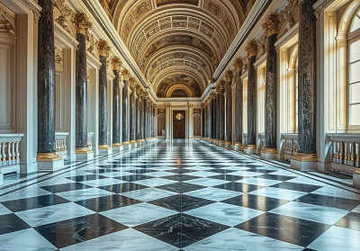 Wall mural 3D palace corridor marble checkered columns vaults