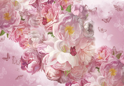 Wall mural pink peonies roses butterflies romantic painted
