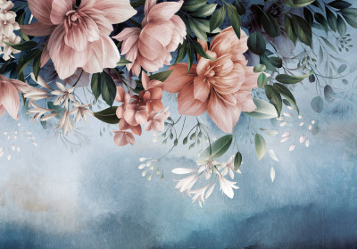 Wall mural peonies pink cream flowers blue painted backdrop