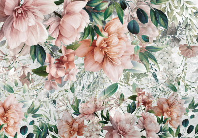 Wall mural lush peonies pink coral leaves vintage glamour