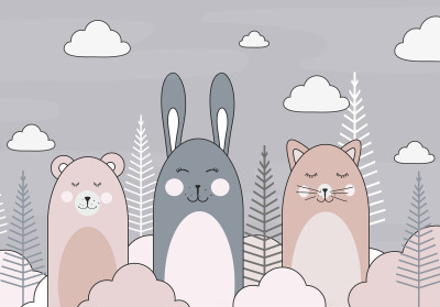 Wall mural scandi bear bunny cat trees clouds for kids room