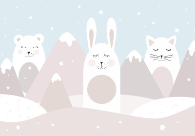 Wall mural scandi bear bunny cat mountains stars kids room