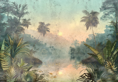 Wall mural tropical jungle palms lake sunrise vintage mist