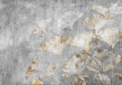Wall mural ginkgo leaves gold beige concrete loft botanical
