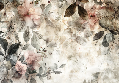 Wall mural vintage hibiscus flowers leaves pastel pink cream