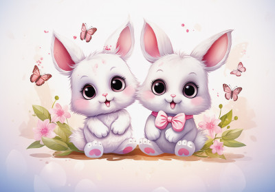 Wall mural cartoon bunnies pink butterflies flowers kids room
