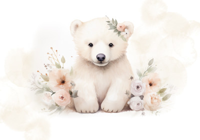 Wall mural watercolor polar bear cub flowers for kids room