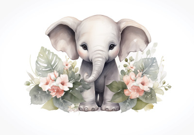 Wall mural watercolor baby elephant flowers leaves for kids room