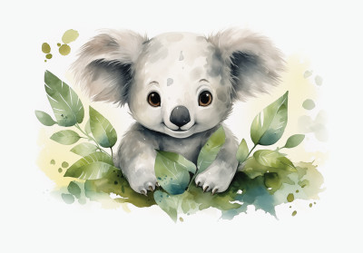 Wall mural watercolor baby koala eucalyptus leaves kids room