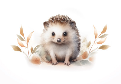 Wall mural watercolor baby hedgehog cute autumn leaves kids room