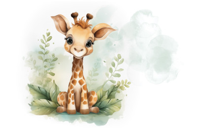 Wall mural watercolor baby giraffe cute green leaves for kids room