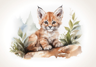 Wall mural watercolor baby lynx cute green leaves for kids room