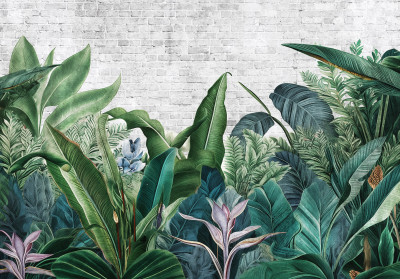 Wall mural jungle banana monstera leaves white brick botanical
