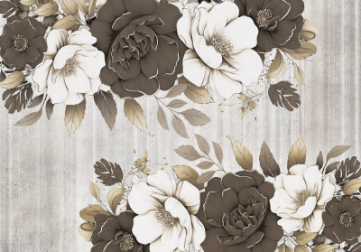 Wall mural large peonies brown white concrete texture glamour