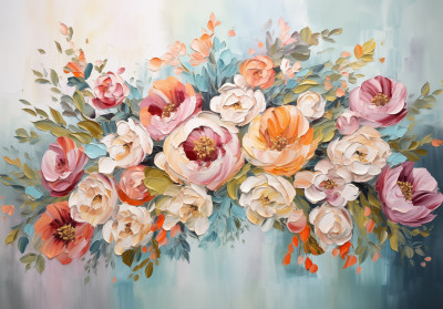 Wall mural pastel flowers peonies roses pink turquoise oil painting