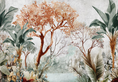 Wall mural tropical landscape orange tree palms green savanna