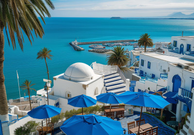 Wall mural Tunisia port Sidi Bou Said white houses blue sea palms