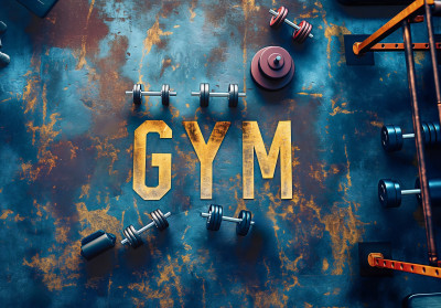 Wall mural GYM 3D dumbbells barbells blue yellow fitness room