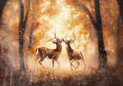 Wall mural deer autumn misty forest golden orange nature living room