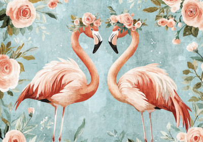 Wall mural flamingos pink roses turquoise romantic boho bedroom