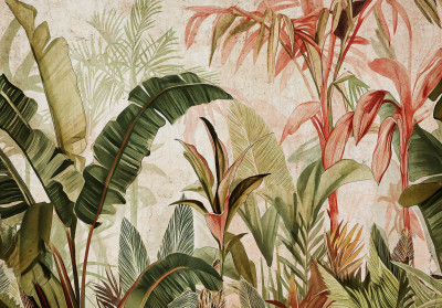 Wall mural tropical jungle leaves green coral vintage living room