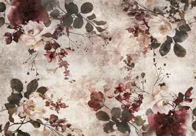 Wall mural vintage flowers burgundy cream pink romantic sepia