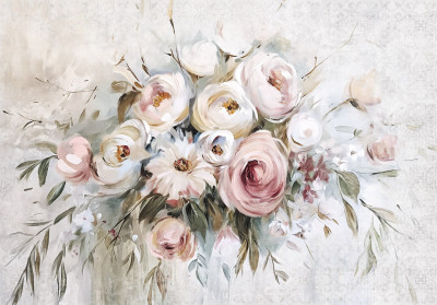 Wall mural pastel roses peonies bouquet oil paint vintage