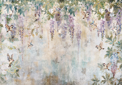 Wall mural wisteria birds vintage purple romantic botanical