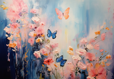 Wall mural painted flowers butterflies pink blue oil art