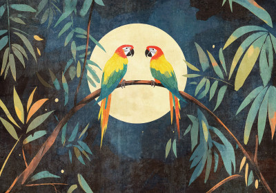Wall mural colorful parrots moon leaves illustration for kids