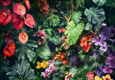 Wall mural tropical anthurium monstera colorful flowers jungle