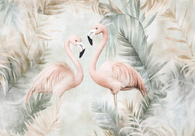 Wall mural pink flamingos tropical leaves pastel boho kids