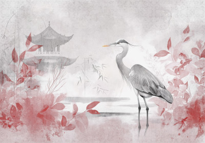 Wall mural oriental heron pagoda red leaves pink mist art
