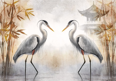 Wall mural oriental herons pagoda bamboo beige vintage art