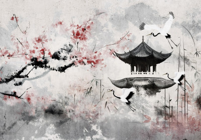 Wall mural asian cherry blossom pagoda cranes ink art