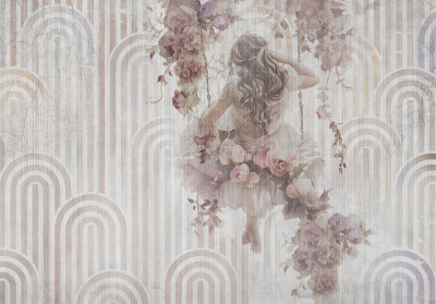 Wall mural woman swing roses vintage pastel boho romantic