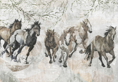 Wall mural watercolor running horses brick wall vintage beige